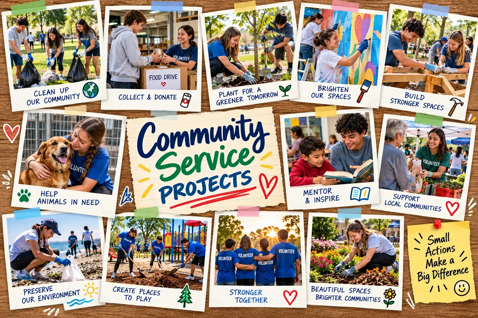 Community service project collage showing volunteers cleaning parks, planting trees, collecting donations, mentoring, and improving public spaces